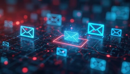Poster - Futuristic illustration network of email communication. Neon glowing digital envelopes transfer info, digital data exchange, online messaging, technology, cyber world, future concept. Ideal for