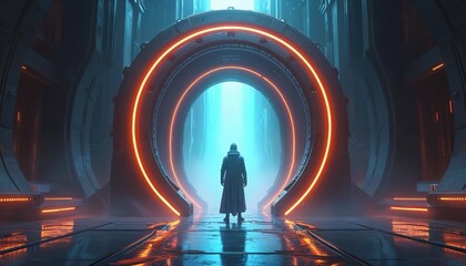Poster - Heroic figure stands before futuristic portal gate with neon lighting. Sci-fi warrior concept, cyberpunk aesthetic, digital art illustration, generated with AI, epic atmosphere.