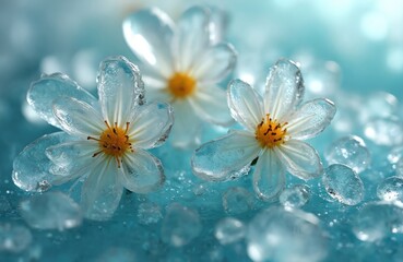 Poster - Frozen spring flowers in ice close-up. White blossom petals. Delicate floral design against ice crystals background. Nature, art, beauty concept. Springtime season, floral arrangement, creative