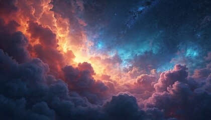Poster - Stunning illustration celestial cosmos view with vibrant clouds. Fiery orange, soft blue shades, cosmic artwork for science, fantasy, deep space projects. Ideal for astronomy, wallpaper, background.