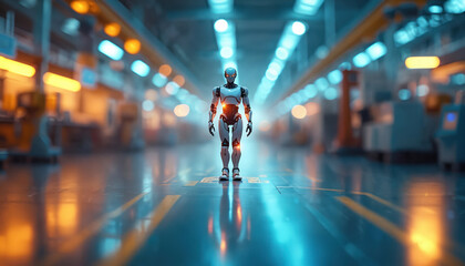Leinwandbilder - Futuristic industrial interior with robot in center. Factory automation concept, robotics. Robot stands on factory floor, surrounded by light, futuristic tech. Automation, modern production,