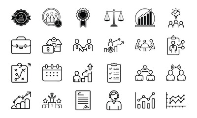 Poster - Set of business and management icons depicting strategy success and teamwork in clean black and white style