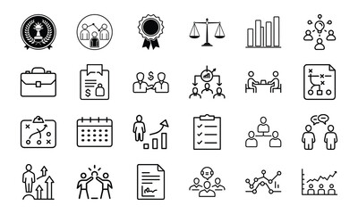 Poster - Business and management icon set featuring teamwork planning finance growth strategies and successful outcomes.
