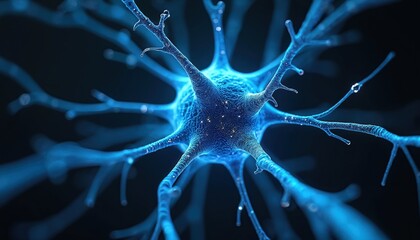 Poster - Abstract illustration of neuron cell with neon blue lights, intricate details on black background. Brain cell structure, digital art for science, medicine, tech, future concepts. Neural network,