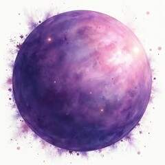 Poster - Illustration of a purple planet in deep space. Fantasy art of a vibrant, glowing sphere with light and dark shades. Digital art shows a cosmic, celestial body isolated against a white background.