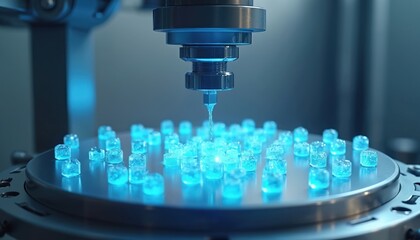 Aufkleber - Illustration of advanced microtechnology manufacturing process. Robotic arm precise work. Blue glowing parts assembly on round platform. Modern tech, innovation, future. Ideal for tech, industrial,