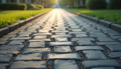 Aufkleber - Paved road made of concrete brick blocks. Uniformity neat appearance of paving. Street, floor, sidewalk, pathway, construction, exterior, urban, building. Path leads to blurred background with grass,