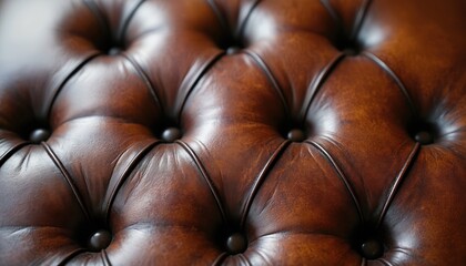 Poster - Close-up brown leather upholstery with tufted buttons. Vintage style sofa detail shows classic antique decor with soft, comfortable texture. Elegant luxury home interior, perfect background.