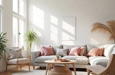 Aufkleber - Bright, airy living room interior. White walls, large windows. Modern, cozy furniture, soft color palette. Sectional couch, pillows. Natural light. Home decor. Minimalist design.