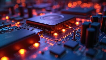 Poster - Close-up of server motherboard with light, shadow effect. Orange, purple color palette. Tech hardware, computing component with processors, transistors, integrated circuits. Data processing,