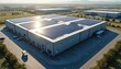 © Pete - Aerial view of modern industrial facility with solar panels on roof. Building exterior represents eco-friendly green tech, renewable energy. Sustainable factory generates clean power. Business