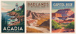 © Digital Nomad - Vector set of USA National Parks travel posters in retro style. Features Badlands, Acadia, and Capitol Reef landscapes in vintage colors. Perfect for tourism and nature lovers