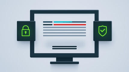Poster - Cybersecurity Protection Concept: A digital rendering showcasing a computer monitor enveloped by two security icons, representing data safety, cybersecurity measures.