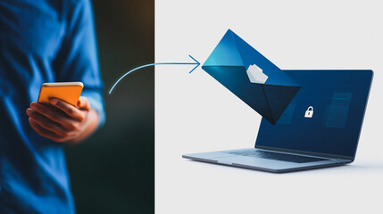 Poster - Digital Security: A symbolic depiction of secure digital data transfer between a smartphone and a laptop.