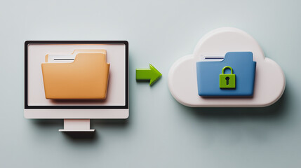 Poster - Cloud Data Security: Illustrative image of a computer monitor with a file folder transferring data to a cloud storage icon with a secure padlock.