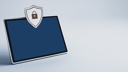 Poster - Secure Tablet: A digital tablet, safeguarded by a protective shield with a lock symbol, signifying robust data security and privacy in a minimalist, modern aesthetic.