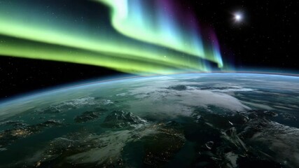Poster - View of the Earth from space with the northern lights and a bright star in the sky.