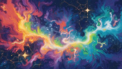 Poster - vibrant cosmic nebula swirl with rainbow spectrum gas clouds and glowing stars in deep space background for mystical branding, print, or web design use

