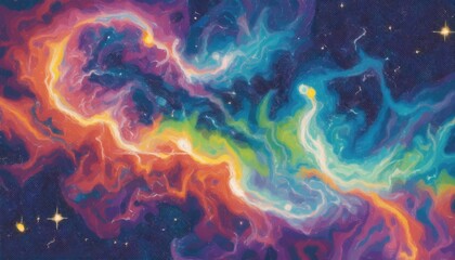 Poster - vibrant cosmic nebula swirl with rainbow spectrum gas clouds and glowing stars in deep space background for mystical branding, print, or web design use

