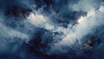 Poster - ethereal deep blue abstract cloudburst painting with dynamic stormy textures and white light contrasts for modern web design, luxury print, or branding backdrop

