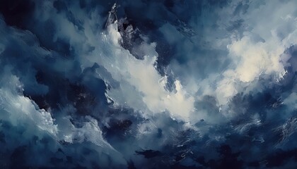 Poster - ethereal deep blue abstract cloudburst painting with dynamic stormy textures and white light contrasts for modern web design, luxury print, or branding backdrop

