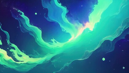 Poster - vivid neon green aurora swirl on deep starry night sky background with dreamy fluid motion, perfect for sci-fi poster, digital wallpaper, or cosmic web design concept

