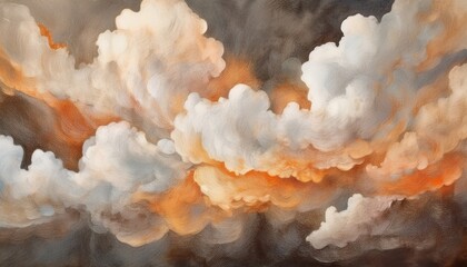 Poster - ethereal swirling orange and white storm clouds in abstract oil painting style for atmospheric web design, modern wall art, or premium branding backdrop

