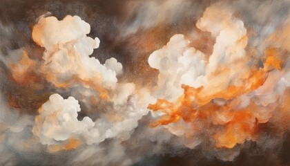 Poster - ethereal swirling orange and white storm clouds in abstract oil painting style for atmospheric web design, modern wall art, or premium branding backdrop

