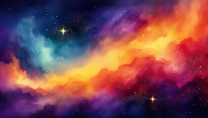 Poster - vivid cosmic nebula swirl with glowing orange-yellow core and purple blue clouds, ideal for web design, print background, digital art, or branding visuals

