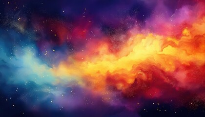 Poster - vivid cosmic nebula swirl with glowing orange-yellow core and purple blue clouds, ideal for web design, print background, digital art, or branding visuals


