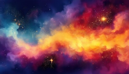 Poster - vivid cosmic nebula swirl with glowing orange-yellow core and purple blue clouds, ideal for web design, print background, digital art, or branding visuals

