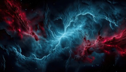 Poster - ethereal nebula clash with red and blue energy tendrils in deep space for sci-fi background, web design, poster art, branding, or futuristic digital canvas

