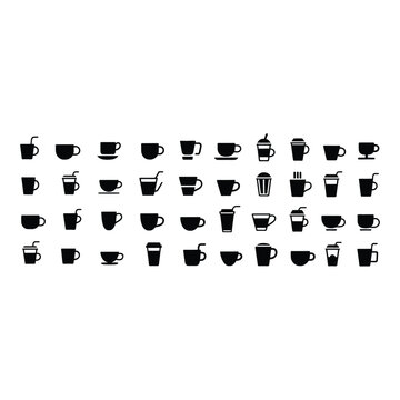 Collection of black coffee cup and beverage icons for cafe and restaurant designs
