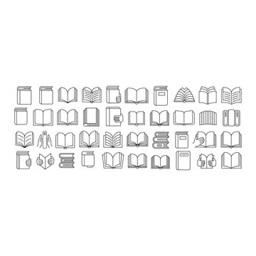 Collection of simple black line icons depicting various book styles and designs