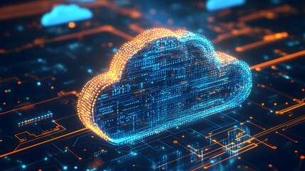Poster - Glowing cloud icon with circuitry represents cloud computing and digital data storage in a futuristic, high-tech environment.
