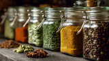Close up of glass jars filled with various spices and herbs on a kitchen counter top surface view
