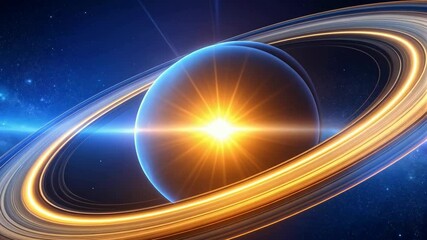 Wall Mural - Dramatic illustration of a blue planet with prominent rings in deep space, a central bright star flares, nebulae and cosmos fill the background.