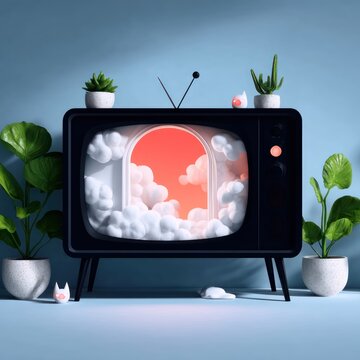 Retro Television Displaying a Dreamlike Portal to a Sunset Sky