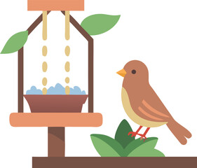 a charming, flat illustration depicts a bluebird perched on a wooden bird feeder with a simplified, 