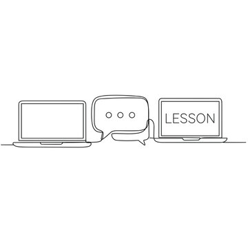 Two laptops connected by chat bubbles and lesson text graphic  