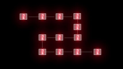 connected in a network glowing neon uncertain automation workflow diagram with question marks concep
