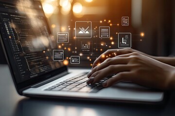 Close-up of hands typing on a laptop, with abstract coding and data icons
