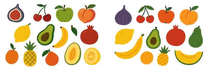 Poster - Flat vector illustration of assorted fruits arranged artistically in a colorful display with vibrant details