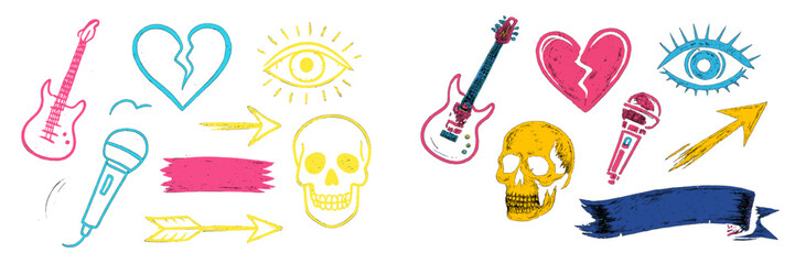 Poster - Colorful vector flat illustration of musical and emotive elements with guitars, eyes, and skulls