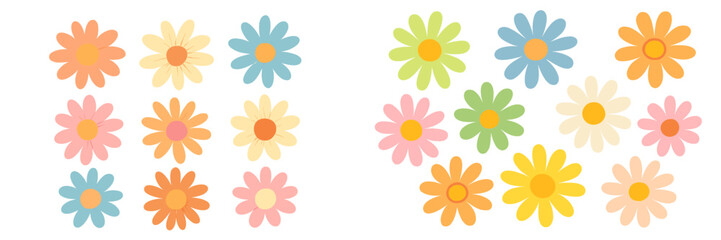 Poster - Colorful vector illustration of daisies in various pastel shades arranged in a playful pattern for spring-themed design