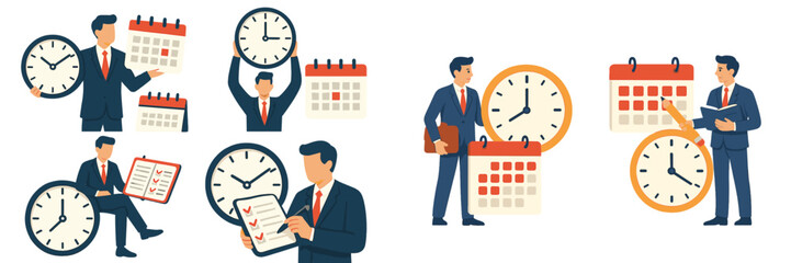 Fototapete - Vector illustration depicting professionals managing time and schedules in a corporate environment