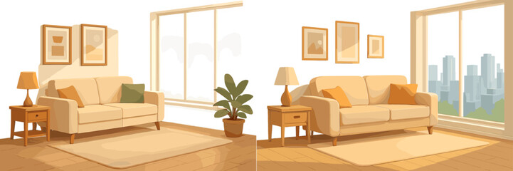 Poster - Cozy living room interior design with natural light and city view during daytime