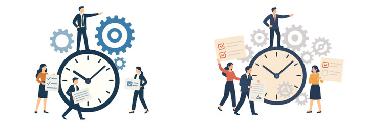 Poster - Vector flat illustration depicting teamwork and time management in a business setting with gears and documents at work