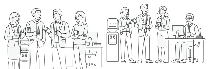 Poster - Office environment illustrating teamwork and collaboration among diverse colleagues engaging in discussion and sharing ideas during a break