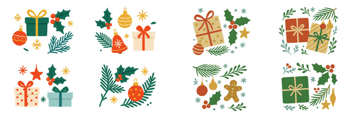 Poster - Colorful vector flat illustration showcasing various holiday gifts, ornaments, and decorative elements to celebrate the festive season